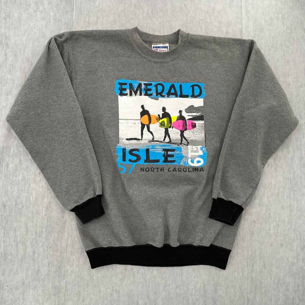 VINTAGE Emerald Isle Sweater Adult Medium Gray North Carolina Surfing Mens M